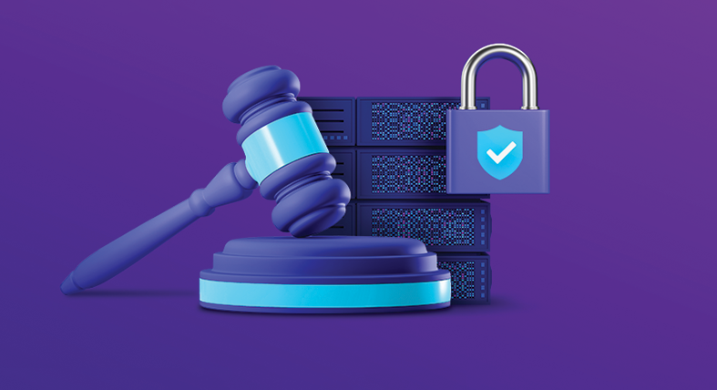 gavel with a closed lock in front of code on a computer